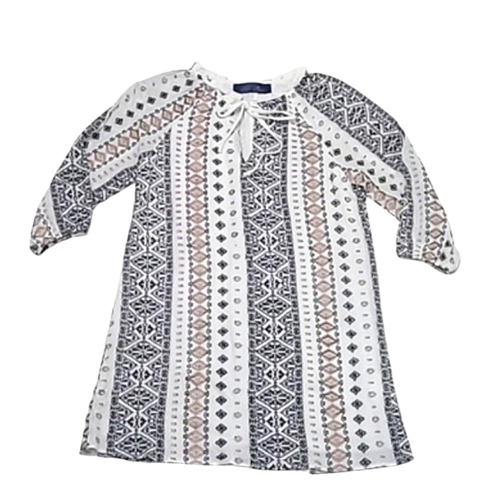 Blue Rain Short Mini Shift Dress Keyhole Round Neck Long Sleeve Aztec Print Boho